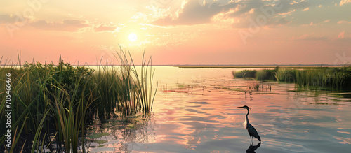 Sunset over the tranquil marshland wetland