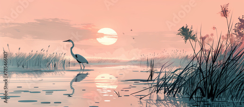 Sunset over the tranquil marshland wetland photo