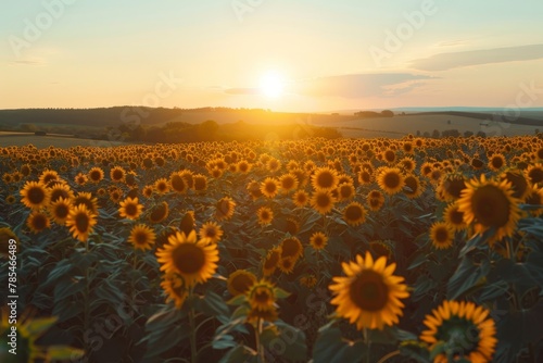 Wallpaper Mural Field of sunflowers at noon with blue sky and sunlight. Illustration. Backdrop. Wallpaper Torontodigital.ca
