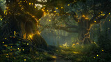 Enchanted Woodland Alive with Glowing Fireflies and Magical Creatures