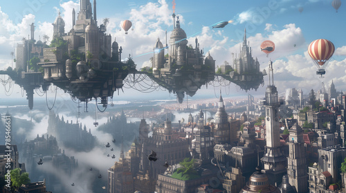 Enchanted Metropolis Adorned with Hovering Isles and Sky Vessels photo