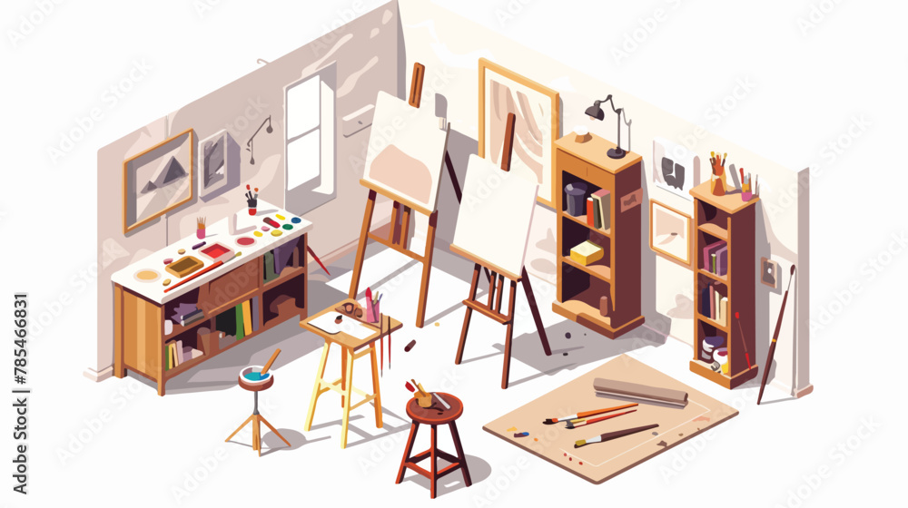 Modern painter artist workshop room with canvas easel
