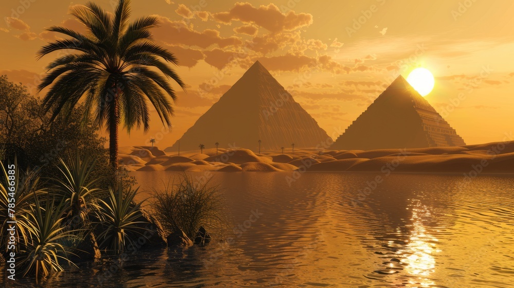 Dusk Fantasy Landscape with Pyramid and Palm Trees Oasis Background in Desert