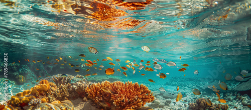 A sunlit lagoon in tropical waters, tropical coral reef and fish variety