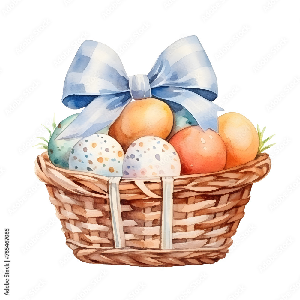 bunny ears and eggs in the basketeaster day watercolor style, illustration.