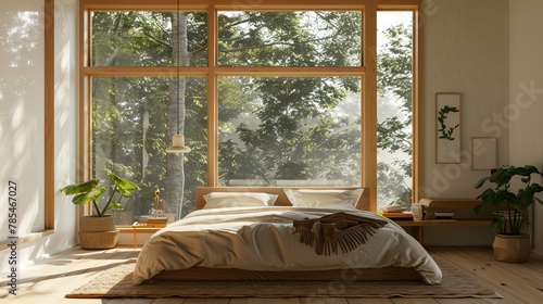 Cozy bedroom in a minimalist style, with a large window and plants. Bedroom in the morning with sunlight