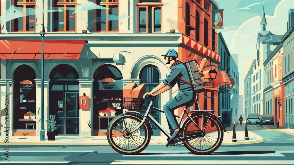 Urban delivery: courier on bicycle bringing food through city streets