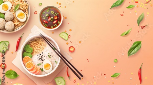 Noodle with meatballs, egg slice, and chilie sauce on white bowl and chopsticks