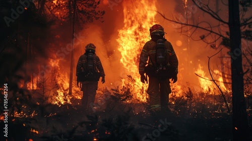 Action image of Firefighters in safety uniform and helmets standing wildland fire  moving along smoked out forest