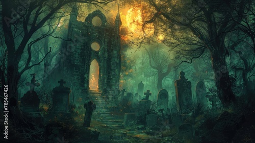 Fantasy Crypt in the Woods: Dark Graveyard with Crypt, Gravestones and Trees. Illustration Artwork 