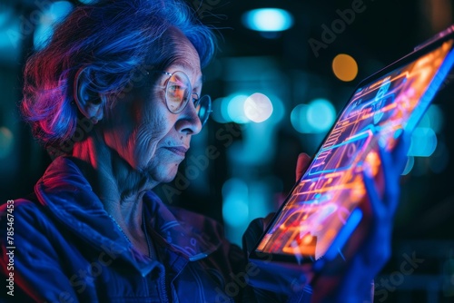 App preview over shoulder of a middle-aged woman holding a tablet with an entirely neon screen