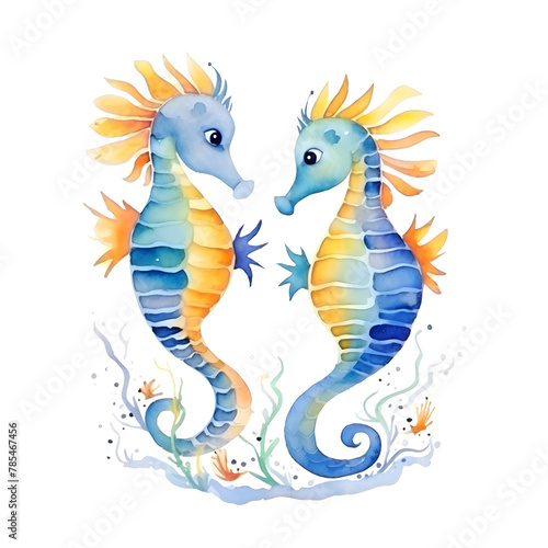 cute seahorse fish watercolor style, illustration.