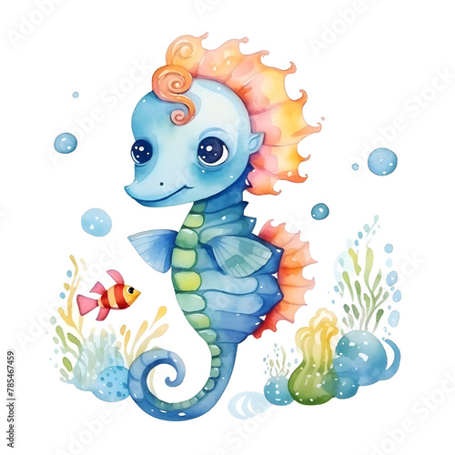 cute seahorse fish watercolor style, illustration.