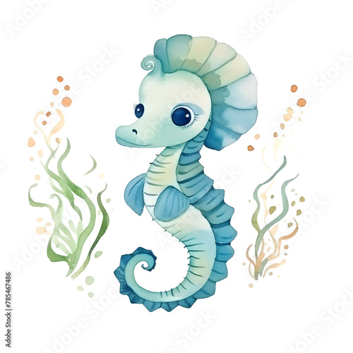 cute seahorse fish watercolor style, illustration.