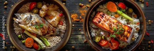 Syrdak, Salmon Steak and Rice on Natural Moss Background, Sea Bass and Red Fish Fillet photo