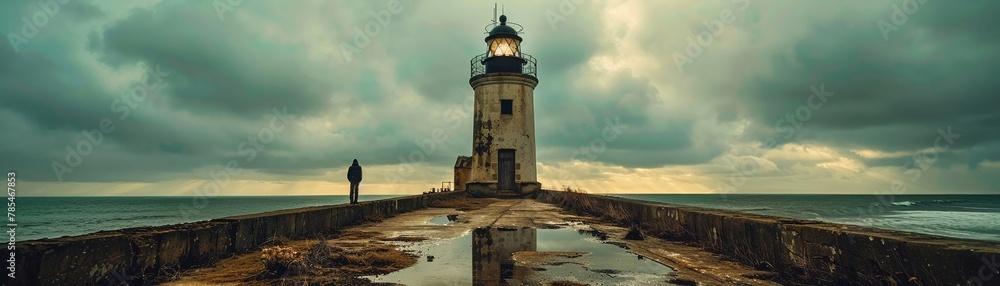 Abandoned lighthouse, one person looking out to sea, windy, wide shot, reflective isolation