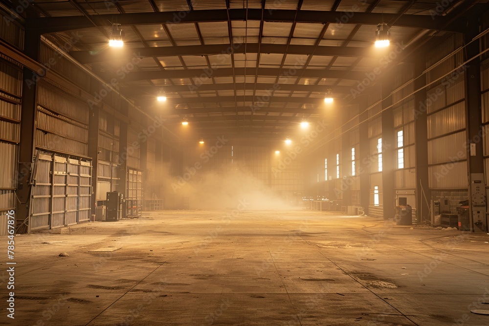 Abandoned warehouse with concealed robotics lab, inside view, dusty with flickering lights, medium shot
