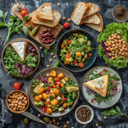 Fried Vegetable Salad, Green Mix Meat and Chickpeas, Cheese Plate and Freshly Baked Bread
