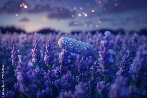 Ad for a sleep aid showing a pill transforming into a lavender flower, peaceful night setting, conceptual and calming photo