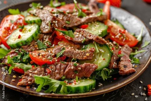 Spicy Beef Salad with Greens, Sweet Pepper, Tomato, Cucumber, Sesame, Garlic and Chili, Winter Salad