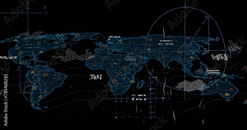 Image of mathematical equations against data processing over world map on black background