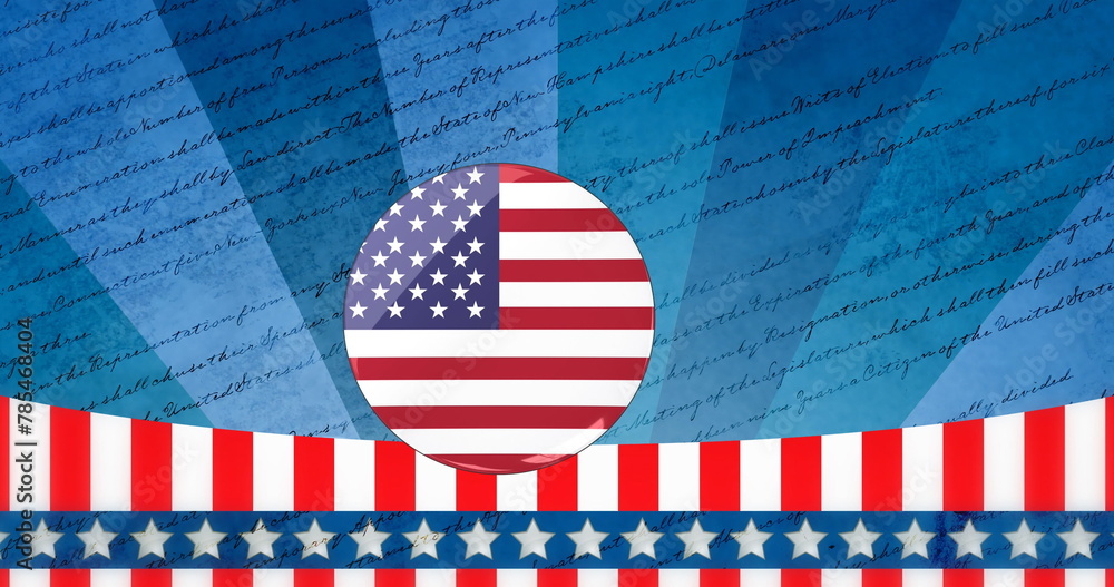 Fototapeta premium Image of circle with flag of usa over blue striped background with writings