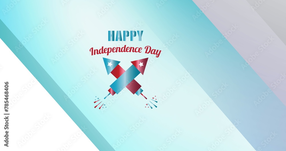 Fototapeta premium Image of happy independence day and rockets over blue lines