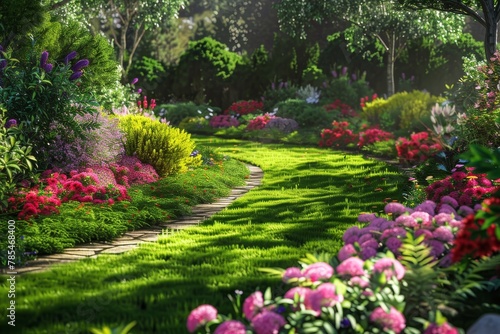 Lawn with lots of flowers and plants, in the style of vivid color scheme background