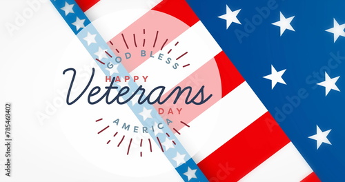 Image of happy veteran day over flag of usa and lines on white background