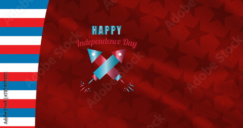 Image of happy independence day over red background with american stars