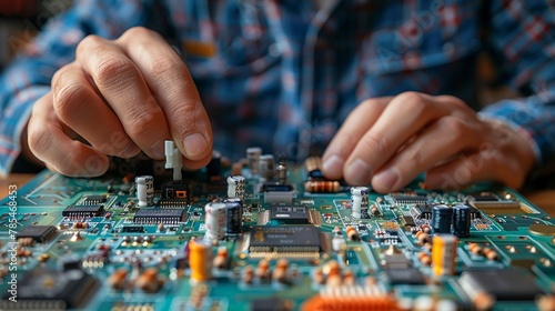 Electrical engineer developing a circuit board game for educational purposes, components around, closeup, instructive photo