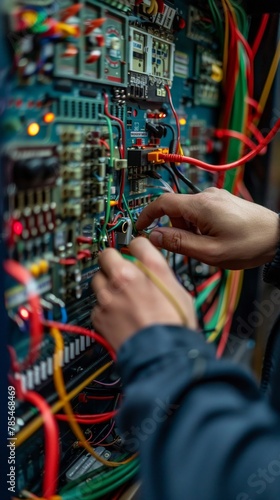 Electrical engineer setting up a home arcade system, colorful wires, focused, closeup, retro gaming vibe