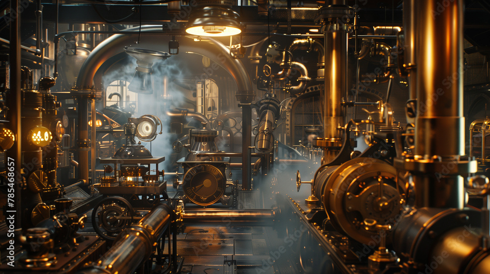 Steam-driven Laboratory Filled with Gears, Instruments, and Mechanical Devices - obrazy, fototapety, plakaty 