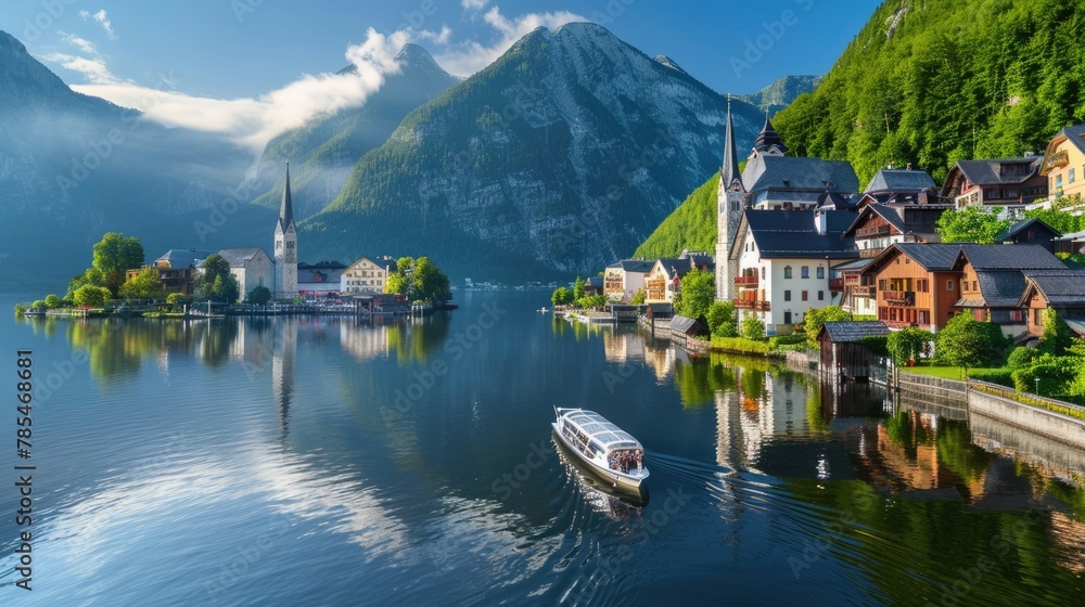 Classic Panoramic View of the Picturesque Old Town, Lake and Scenic Boat Cruise in Region at Sunrise
