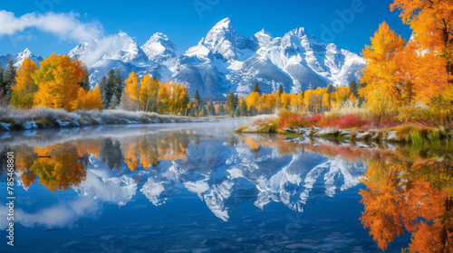 Snow covered grand tetons range reflected in the calm photo