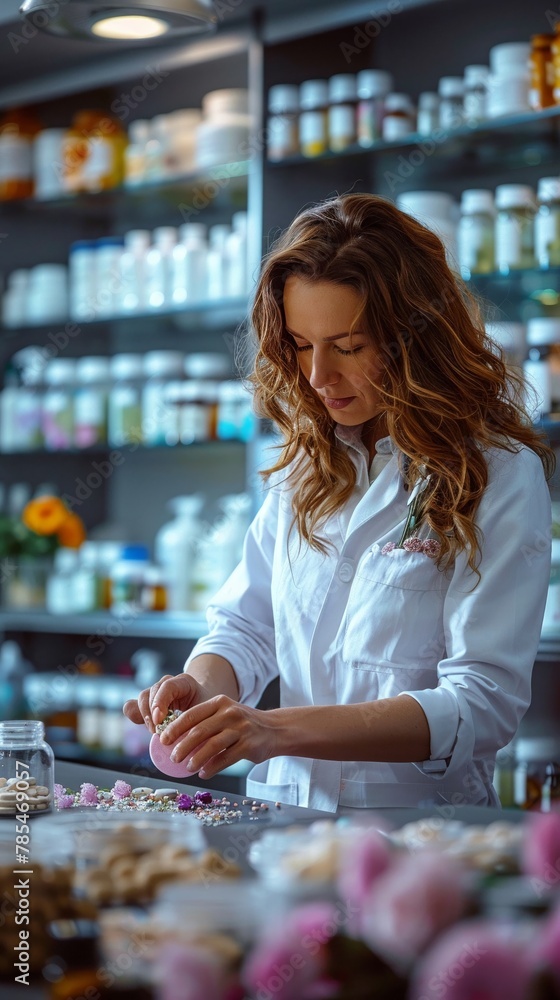 Fototapeta premium Pharmacist preparing floralinfused pills, pharmacy counter, precise and caring, medium shot