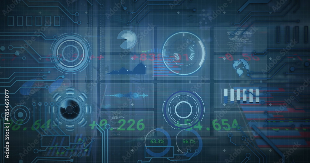 Image of infographic interface with trading board over circuit board pattern in background