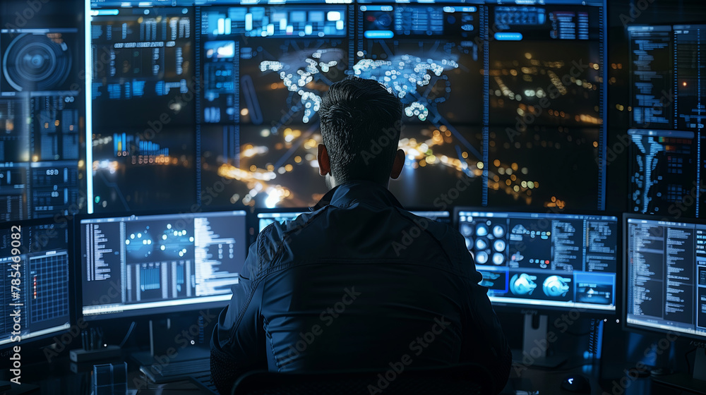 Network Security Analyst Monitoring Global Data. Network Security Analyst Monitoring Global Data.