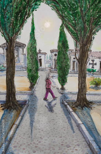 Walking in a Cemetery watercolor