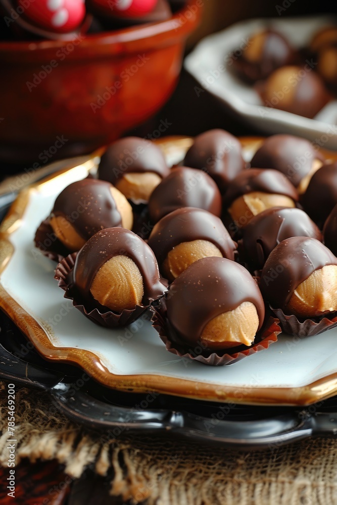 Indulge in Heavenly Chocolate and Peanut Butter Buckeye Cookies on a Plate. Perfect Dessert with Milk or Dark Chocolate Indulge in Heavenly Chocolate and Peanut Butter Buckeye Cookies on a Plate. Perfect Dessert with Milk or Dark Chocolate