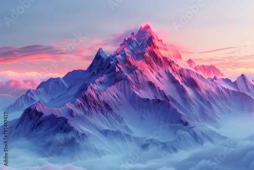 As the day ends, alpenglow kisses the snowy peaks, creating a magical mountain tapestry. AI Generated