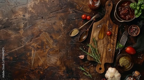 Rustic cooking background: ingredients, utensils, and space for text on vintage surface - top view
