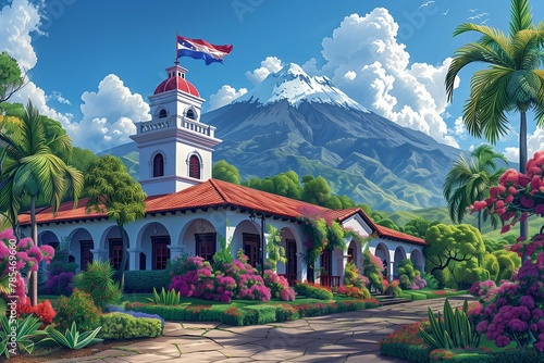 Discover the colonial elegance captured in this AI-generated illustration of a Costa Rican landmark with vibrant flora and a majestic volcano backdrop.