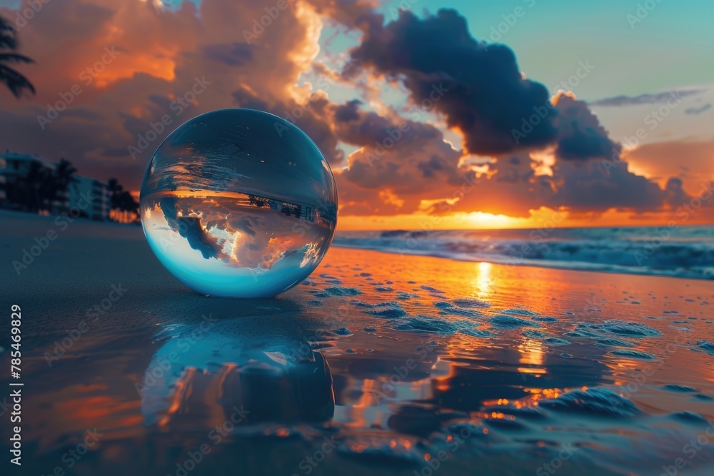 Lens Ball at Fort Lauderdale Beach. Sunrise and Clouds Reflected in Crystal-Blue Background. Abstract Concept of Beautiful Lens Ball at Fort Lauderdale Beach. Sunrise and Clouds Reflected in Crystal-Blue Background. Abstract Concept of Beautiful