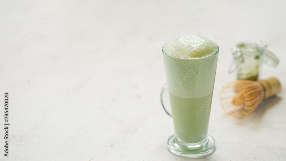 Green foam texture of matcha latte, close up Green foam texture of matcha latte, close up