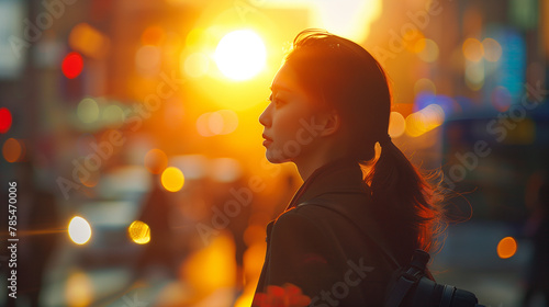 Navigating through a bustling urban street, a young Korean woman experiences the vibrant pulse of city life during the morning rush.