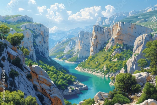 A panoramic vector illustration showcasing the expansive beauty of the Gorges du Verdon with verdant cliffs and a winding river, all under the gentle kiss of sunlight, AI Generated photo