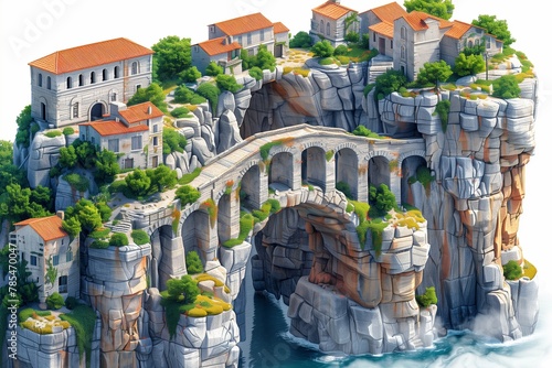 An intricately detailed isometric vector of coastal cliff buildings resembling the Gorges du Verdon landscape, created with AI. AI Generated.
