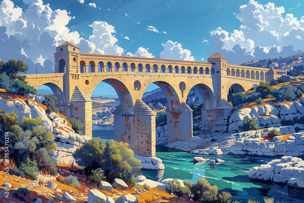 The majestic Pont du Gard, an ancient Roman aqueduct, is elegantly depicted in this AI-generated vector illustration. AI Generated. - obrazy, fototapety, plakaty 