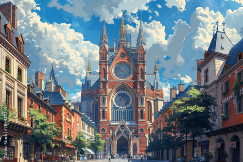 An artistically rendered view of the Strasbourg Cathedral, this vector illustration bursts with detail and color. AI Generated photo